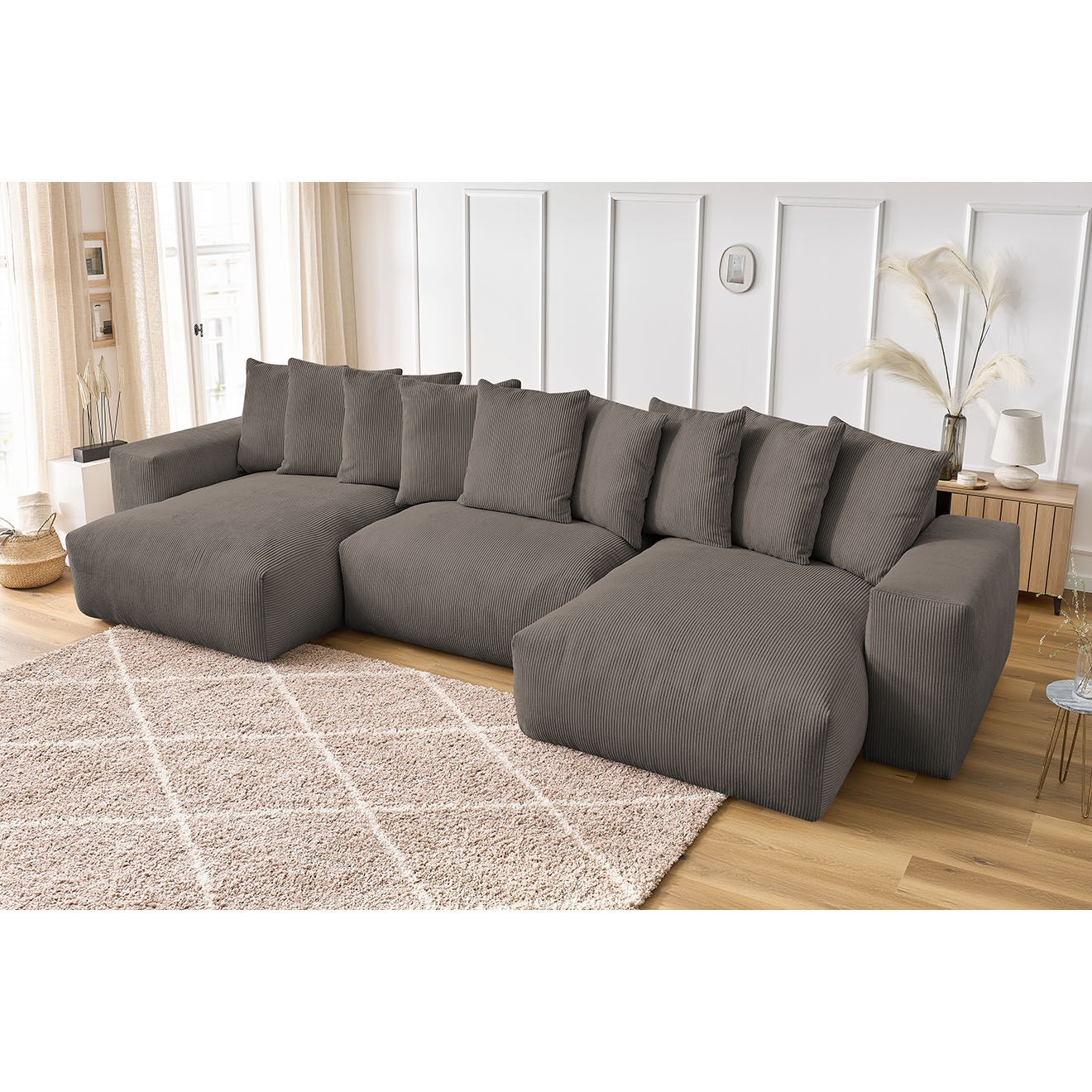 Bobochic Canapé panoramique fixe ultra moelleux voltaire velours côtelé taupe - 420x174x75 cm
