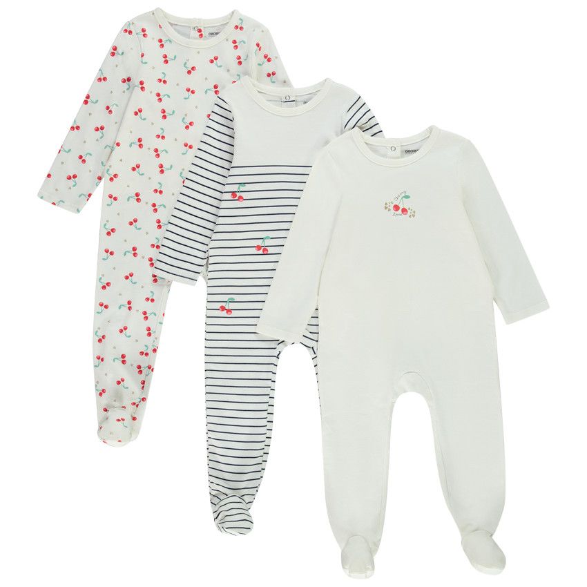Lot de 3 dors-bien en jersey cerises pour bébé fille - Ecru