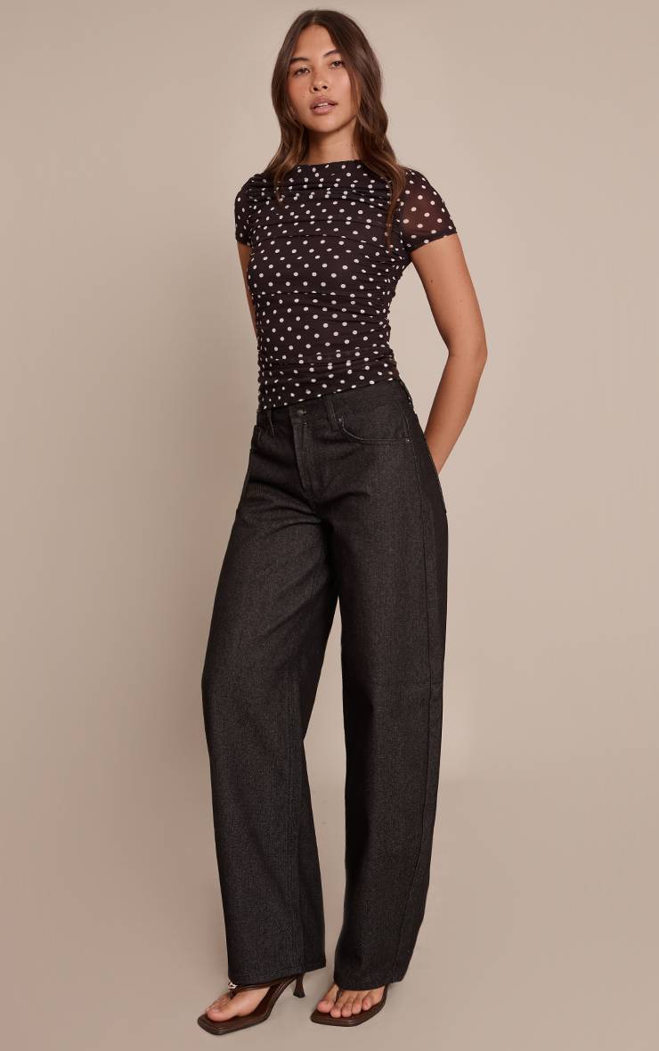 Noir Top Ajusté En Mesh À Pois À Manches Courtes