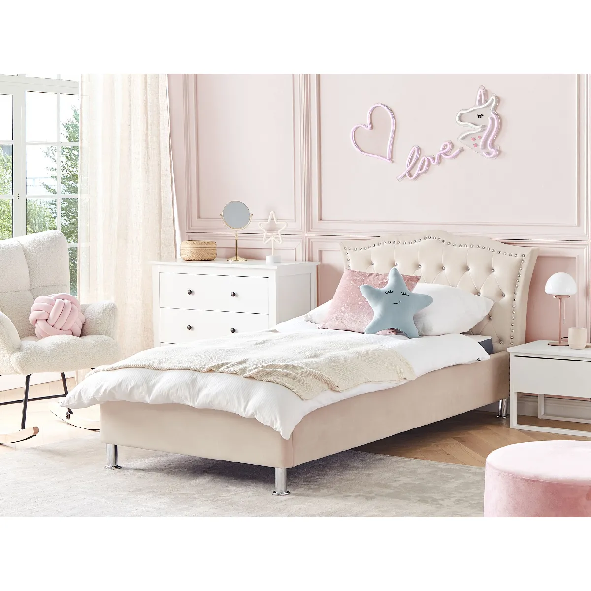 Beliani Lit avec coffre METZ 90 x 200 cm - Velours Beige