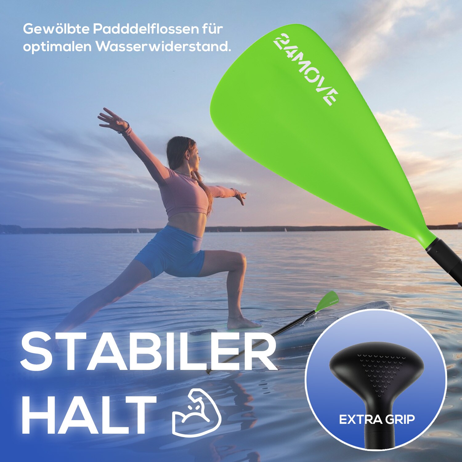 24MOVE® Paddel Einzelpaddel Stechpaddel für SUP Stand Up Board, Kajak, Leicht aus Aluminium 210cm, verstellbar grün