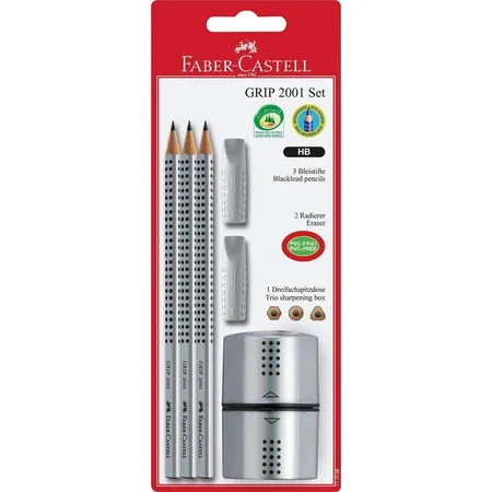 Faber-Castell Bleistiftset Grip 2001 mit Radiererkappen und Spitzdose, HB