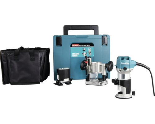 Makita RT0702CX2J 710W bovenfrees met één hand, slaghoogte 0-40 mm inclusief bovenfrees-, hoek- en randfreesmodules in MAKPAC maat 4