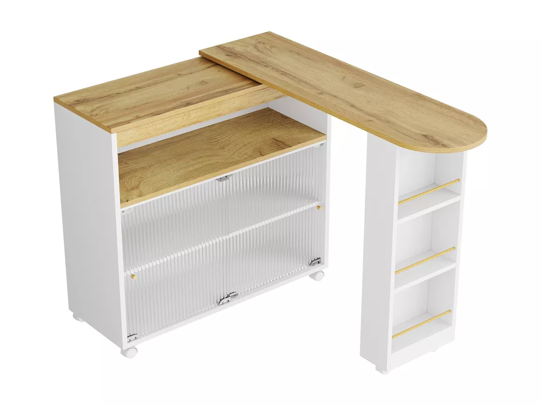 Buffet、Meuble de bar pivotant et escamotable avec LED - compartiments et étagère à épices - Blanc