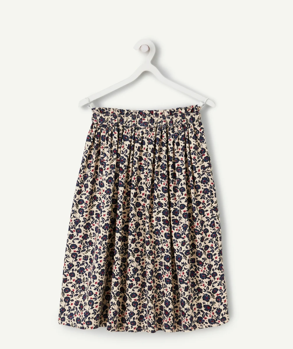 JUPE LONGUE FILLE EN VISCOSE RESPONSABLE IMPRIMÉE FLEURIE BEIGE ET BLEU MARINE