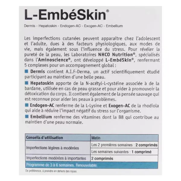 NHCO L-EmbéSkin para pele oleosa ou com tendência a acne, 42 comprimidos