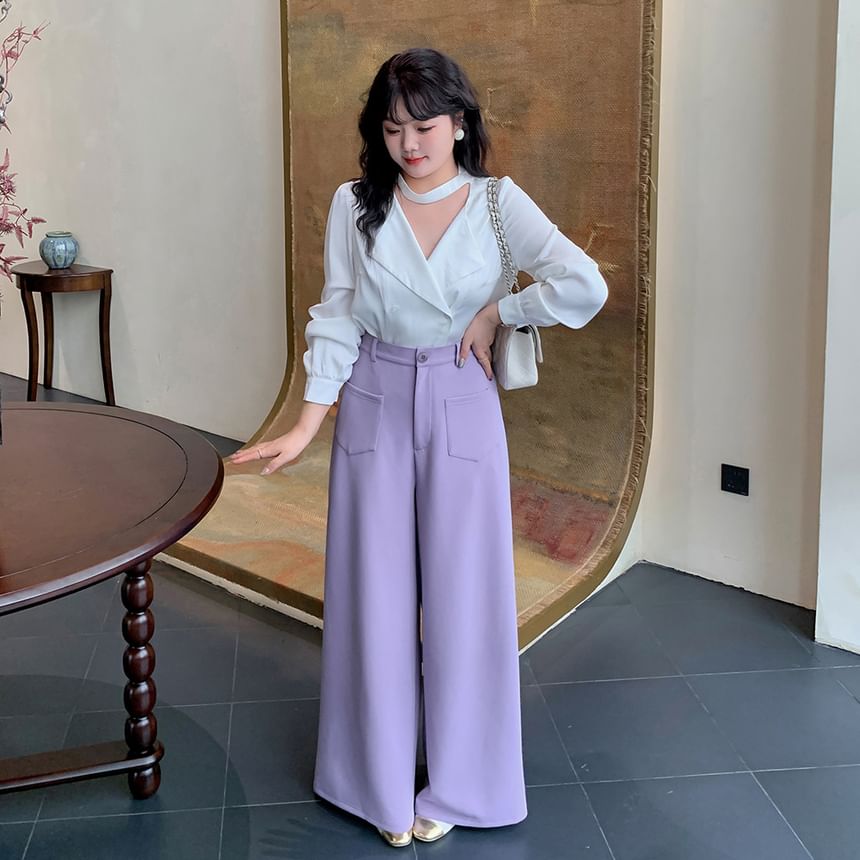 Tripoly - Plus Size High Rise Plain Wide Leg Broek