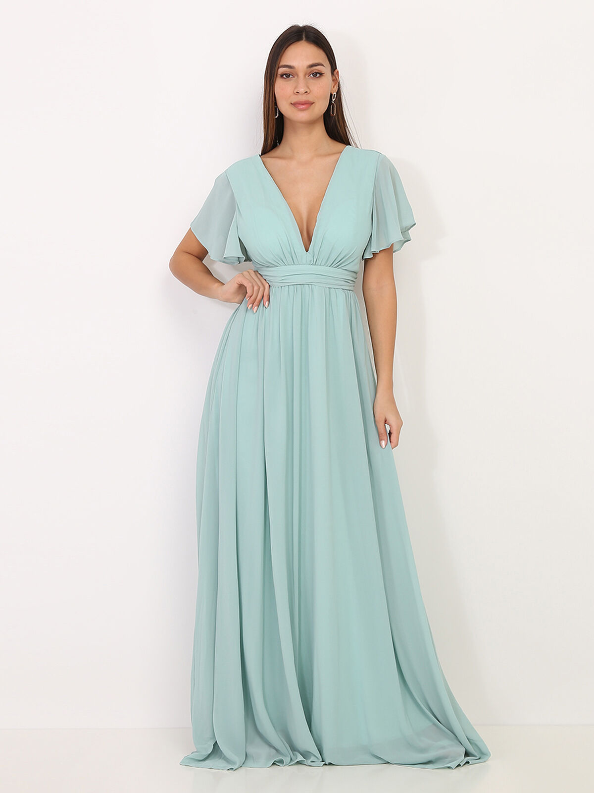 Robe longue à manches papillons- Vert clair