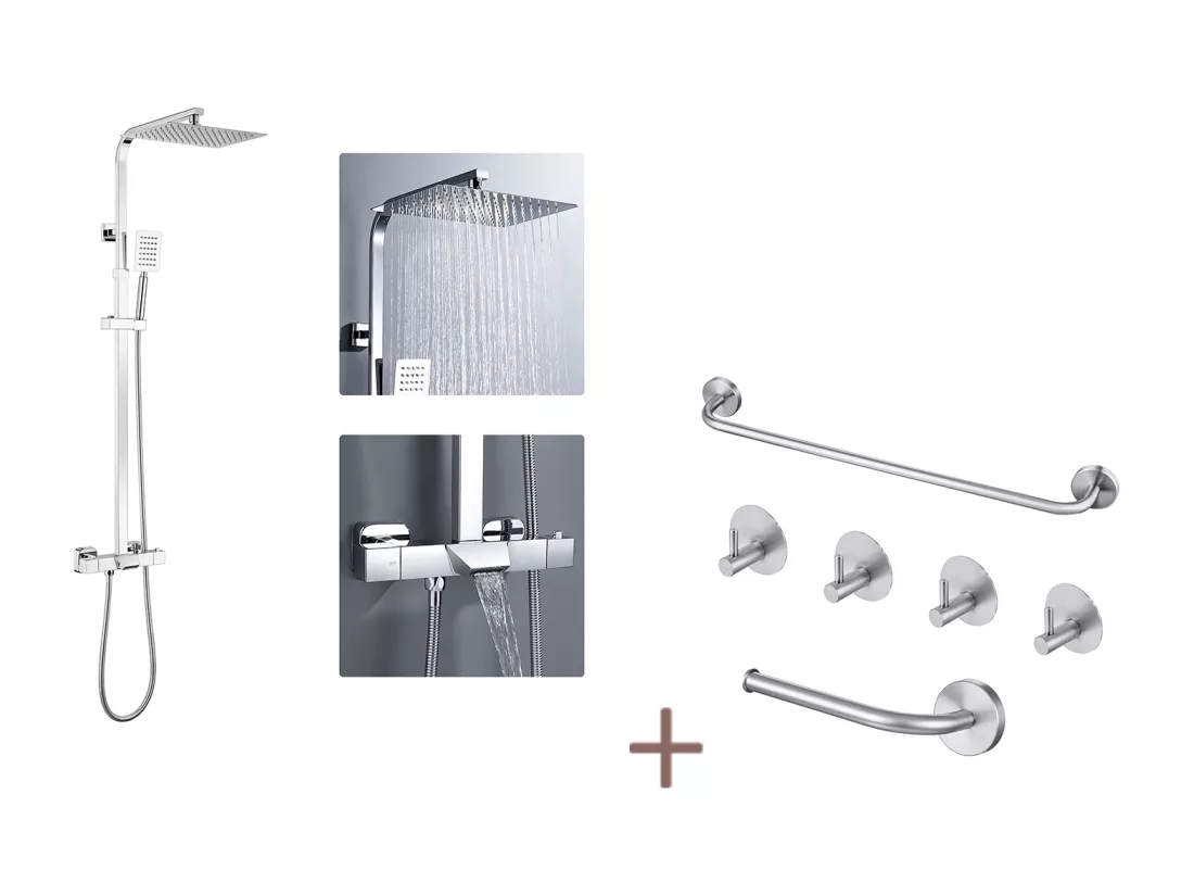 Colonne Douche Thermostatique Chromée,avec Douche Tête,Pommeau Douche,Mitigeur Douche Cascade+Ensemble Salle Bain Accessoire 6 Pièces,Inox,Brossé