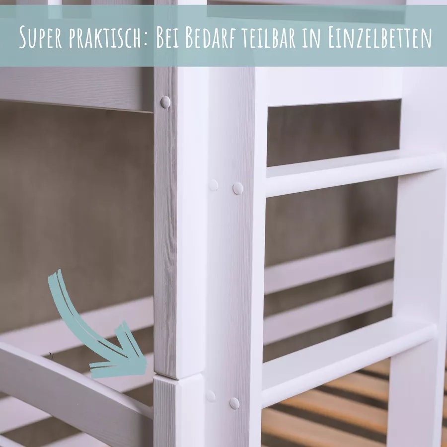 Kids Collective Hochbett 90x200 mit Ausziehbett Etagenbett mit Ausziehfunktion, Schubladen weiß mit 3 Matratzen