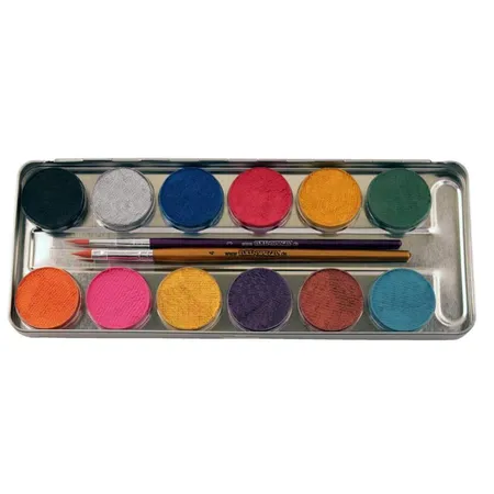 Eulenspiegel Schminkpalette aus Metall, 2 Pinsel und 12 Perlglanz