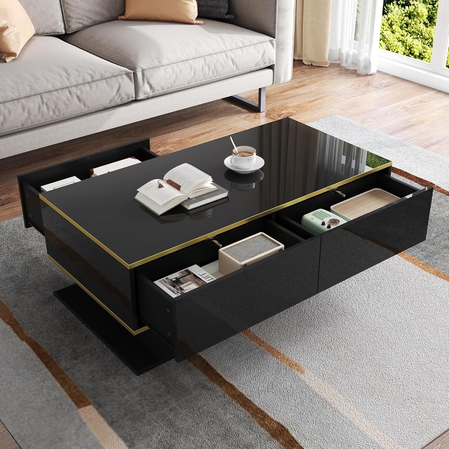 Merax LED Couchtisch Hochglanz mit Goldverzierung, Moderner Wohnzimmertisch 100x50x40 cm, Sofatisch mit 3 Schubladen & USB-LED-Licht, Kaffeetisch Beistelltisch Schwarz