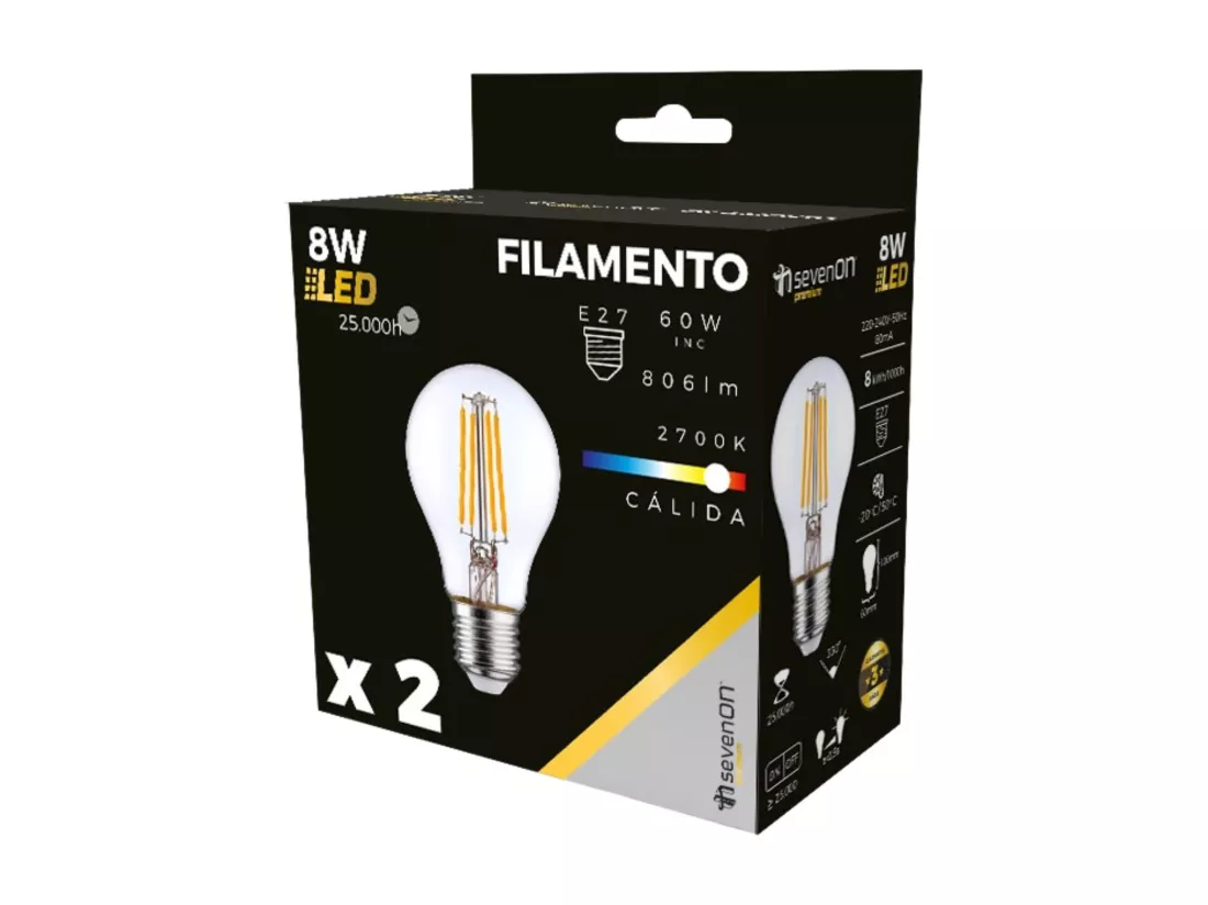 Pack de 2 Ampoules LED Filament Standard E27 8W Equi.60W 806lm 2700K 25000H 7hSevenOn Premium
