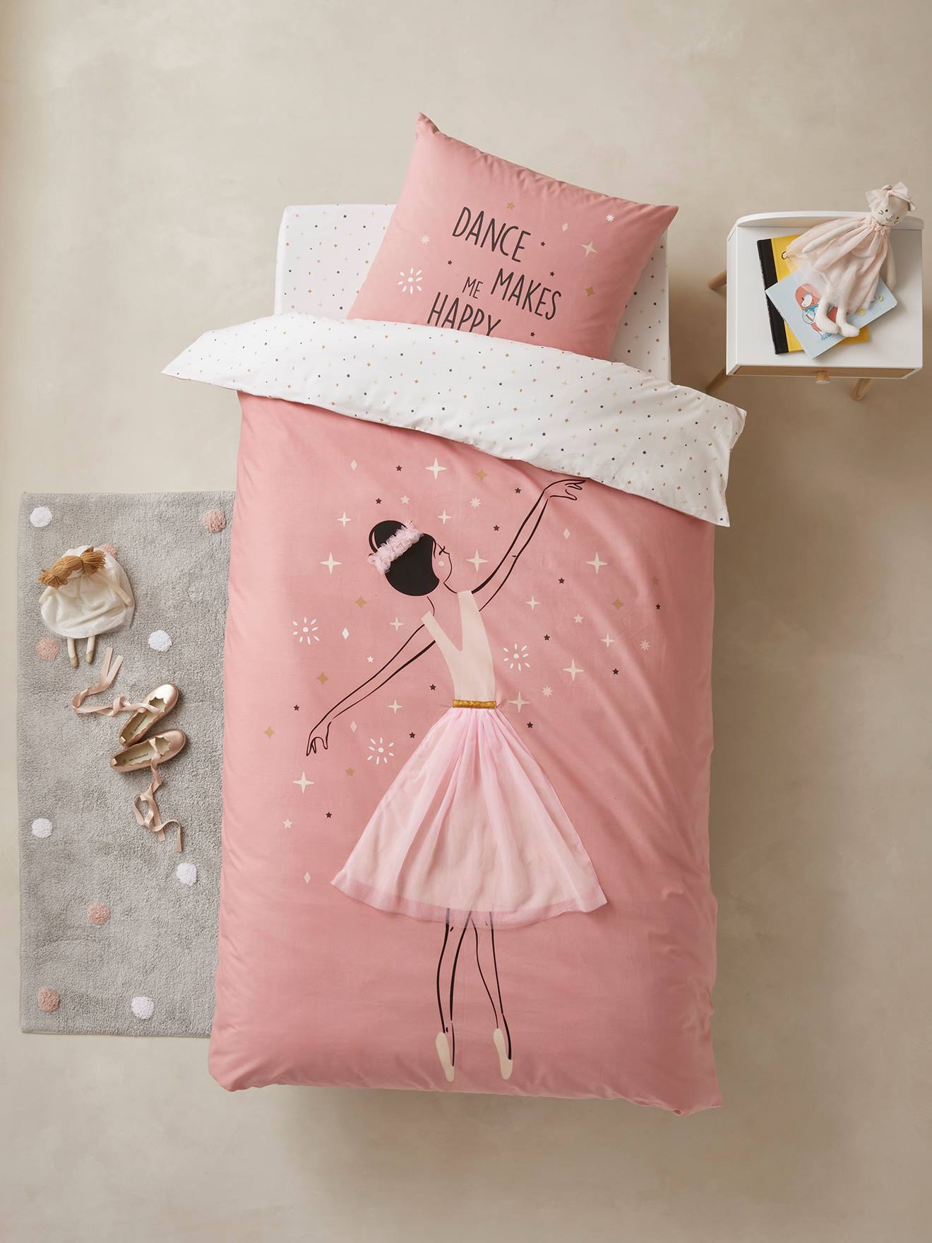 Conjunto de capa de edredom e fronha infantil Entrechat, rosa médio, liso com estampas.