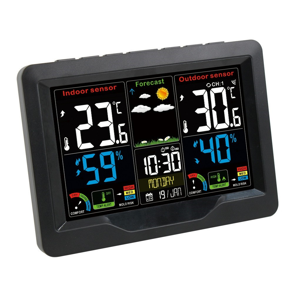 (2-tlg. Set) Wireless Wetterstation Digital Thermometer / Hygrometer / Wecker mit Wettervorhersage   Aussensensor (Batteriebetrieben) - Schwarz