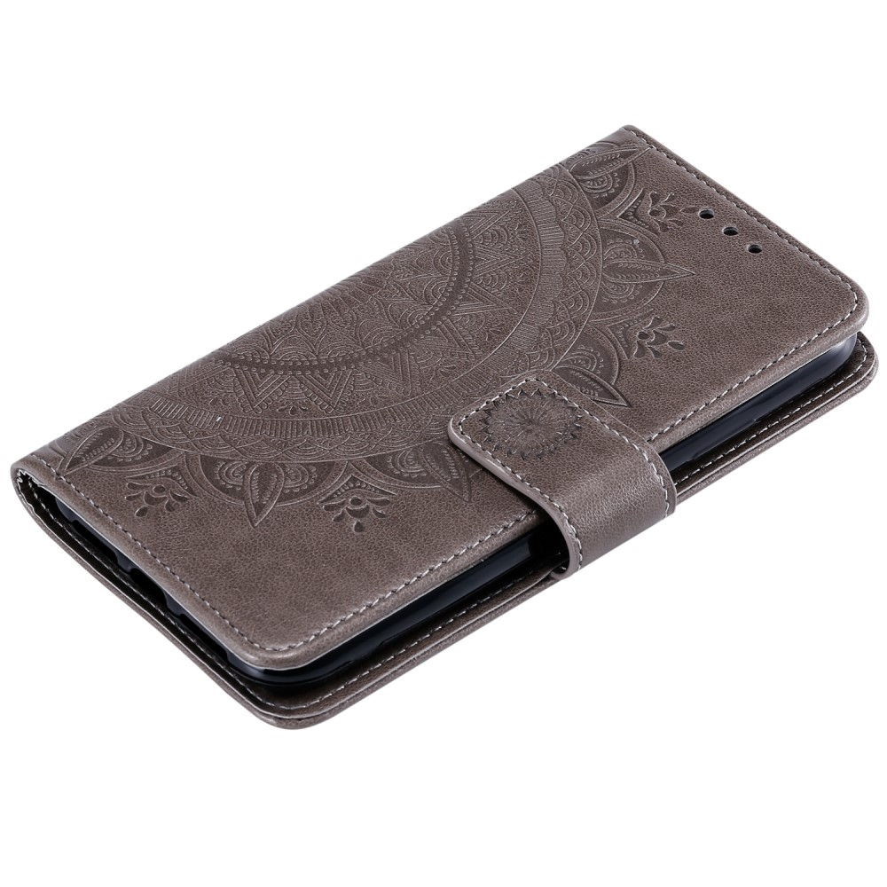 iPhone 13 Pro Leder Tasche Wallet - Mandala Flowers Imprint - Grau