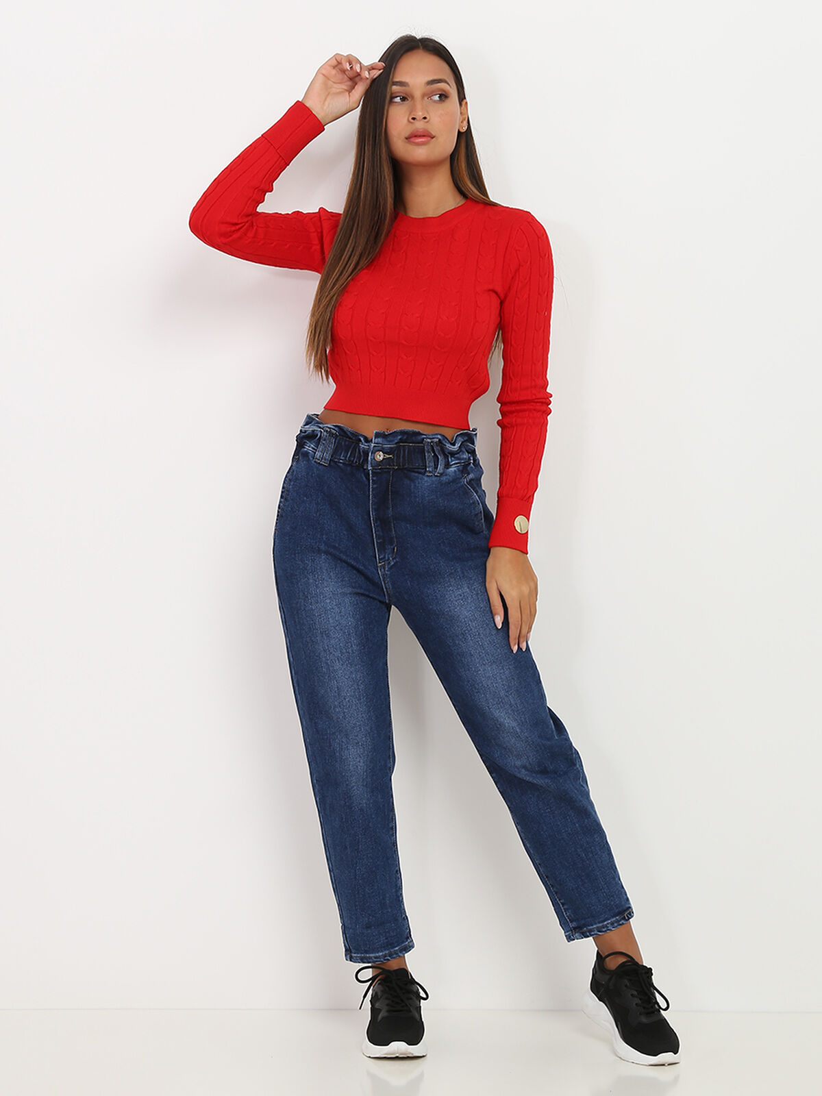 Jeans droit élastique à la taille- Bleu