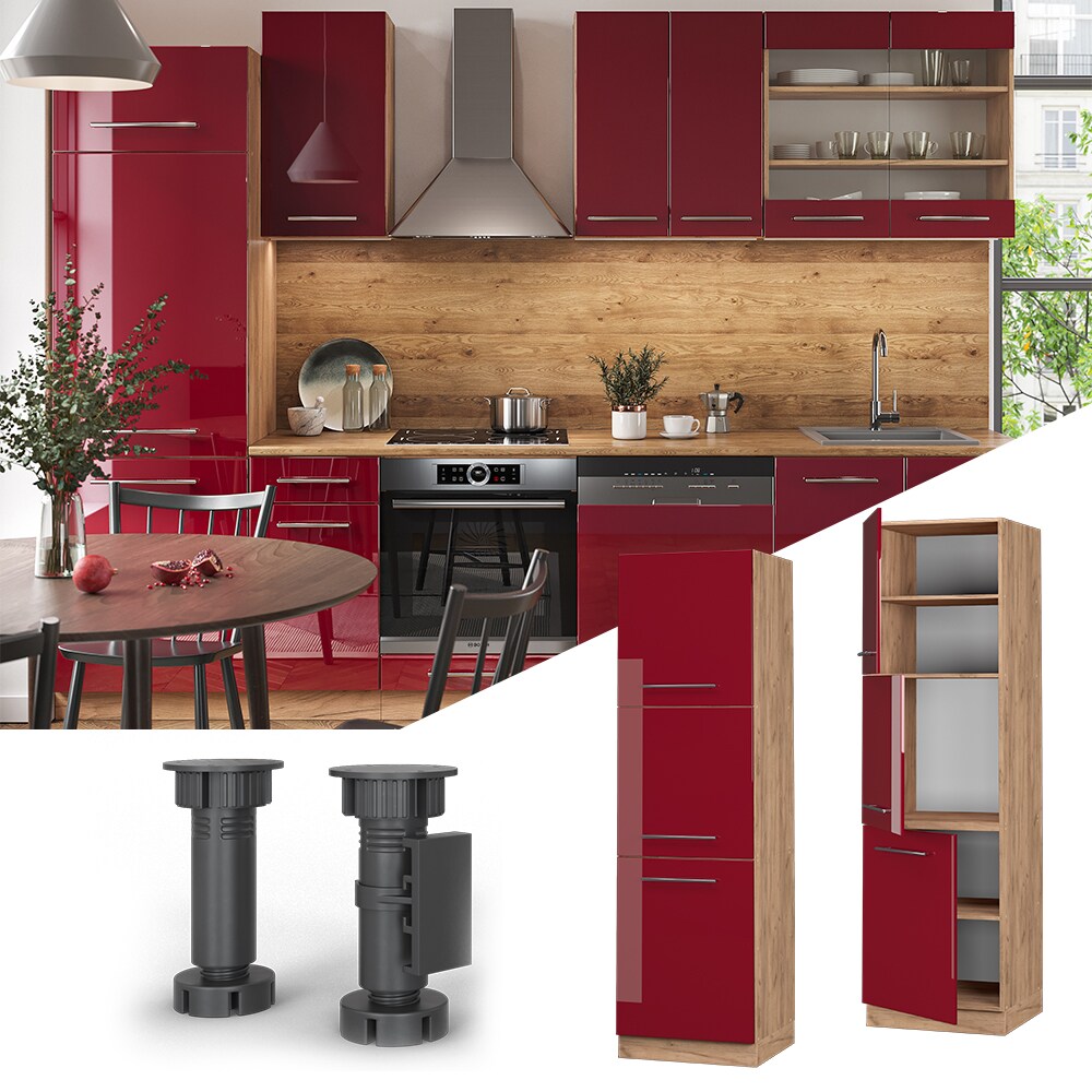 Vicco Herdumbauschrank Küchenschrank Küchenmöbel Fame-Line Eiche Bordeaux Rot 60 cm modern Hochglanz Küche Einbauküche Blende Herdschrank Hochschrank Küchenzeile Drehtür Einlegeboden