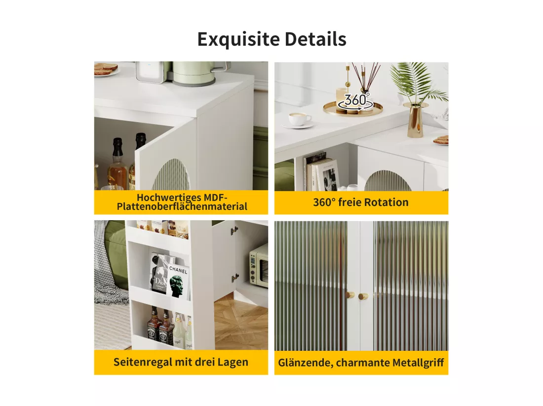 Meuble de bar pivotant - 3 portes et étagères de rangement - Bois MDF et verre - pour salle à manger ou salon - Blanc