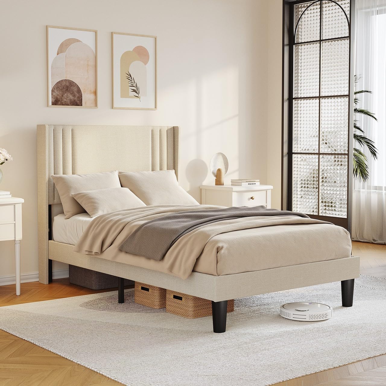 Bealife Polsterbett 120 x 200 cm mit Lattenrost – Stabiles Bettgestell aus Holz & Metall, Gepolstertes Doppelbett mit Kopfteil für Schlafzimmer & Jugendzimmer (Beige, 120 * 200cm)