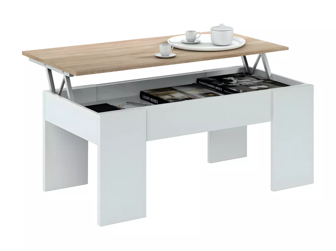 Table basse Dleal, Table basse avec plateau élévateur, Table basse de salon, 100x50h45/56 cm, Blanc et Chêne