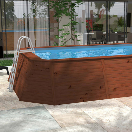 Piscina K2o com painéis de madeira, 345x255x107 cm, filtro de areia, vazão de 3.028 L/h, com escada.
