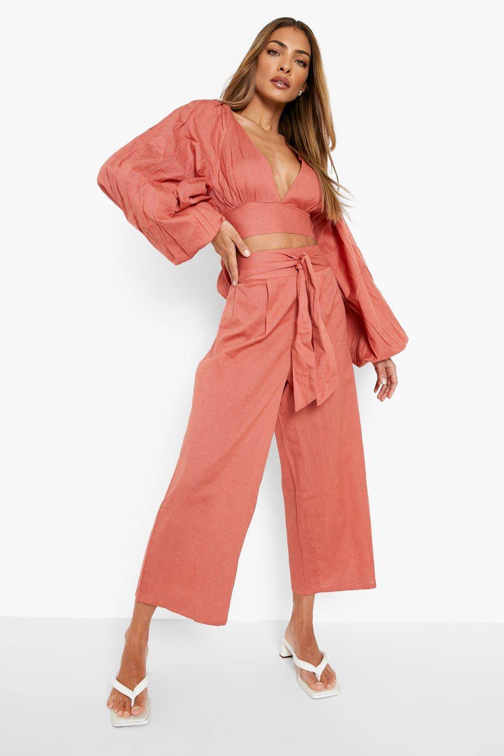boohoo Linen Look Crop à manches ballon et pantalon large