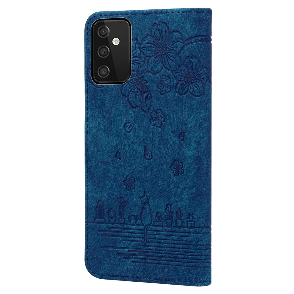 Samsung Galaxy A54 5G Leder Tasche Flip Cover Katze & Blumen Imprint - Blau
