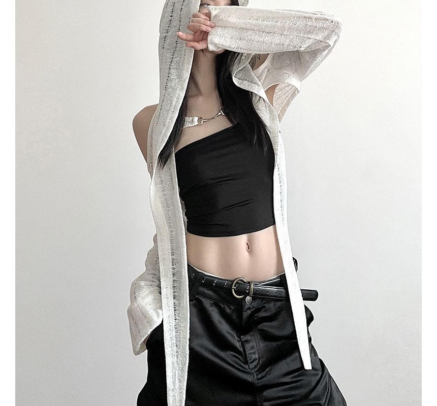 Sugarcoat - Lange mouwen, blote schouders, effen crop top met capuchon