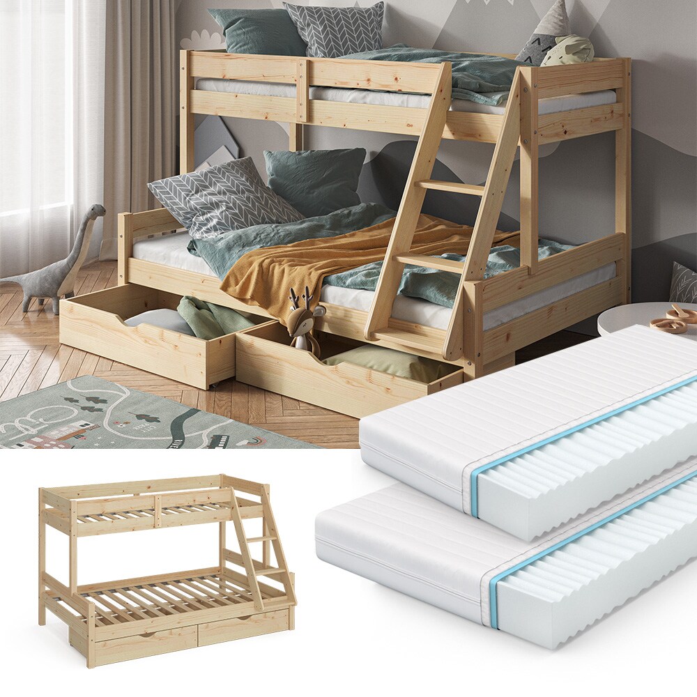 VitaliSpa Hochbett Kinderbett Spielbett Everest Natur modern 120x200 Massivholz Kinderzimmer Bett Lattenrost Bettleiter Kletterbett Doppelbett Geschwisterbett Bettschublade Rollschublade Matratze