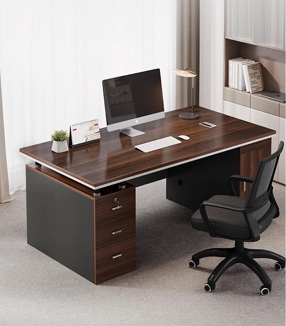 Büroschreibtisch, modern, Computertisch, braunes Holz, mit schwarzem Schlittenfuß, abschließbarer Schublade und Schrank, Wohnmöbel – ohne Stühle, 160 cm L x 69,9 cm B x 77,2 cm H