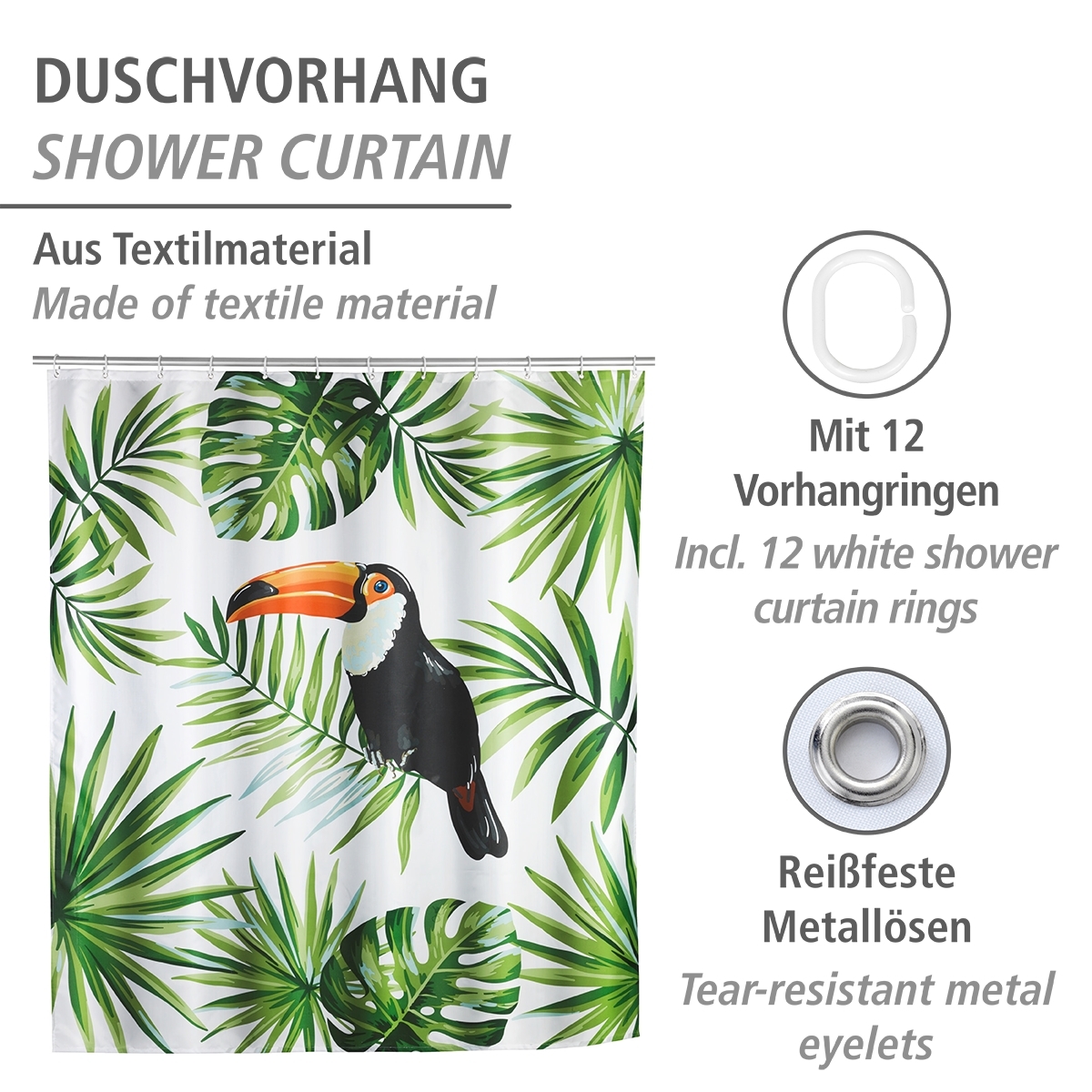 Wenko douchegordijn 180x200cm Tucan inclusief ringen