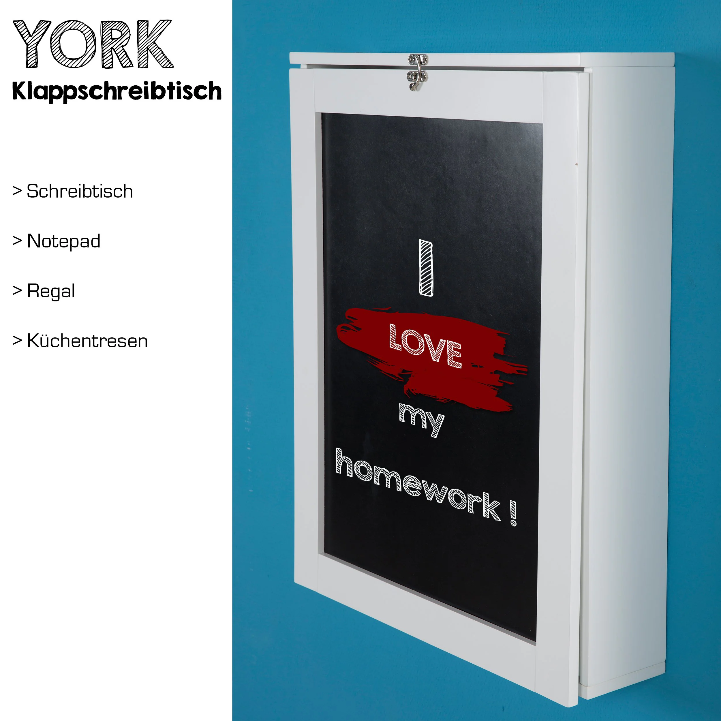 York - Klapptisch, Schreibtisch, Küchentisch, Tresen, Memoboard, Wandregal, der kleine Alleskönner mit viel Stauarum, weiss lackiert