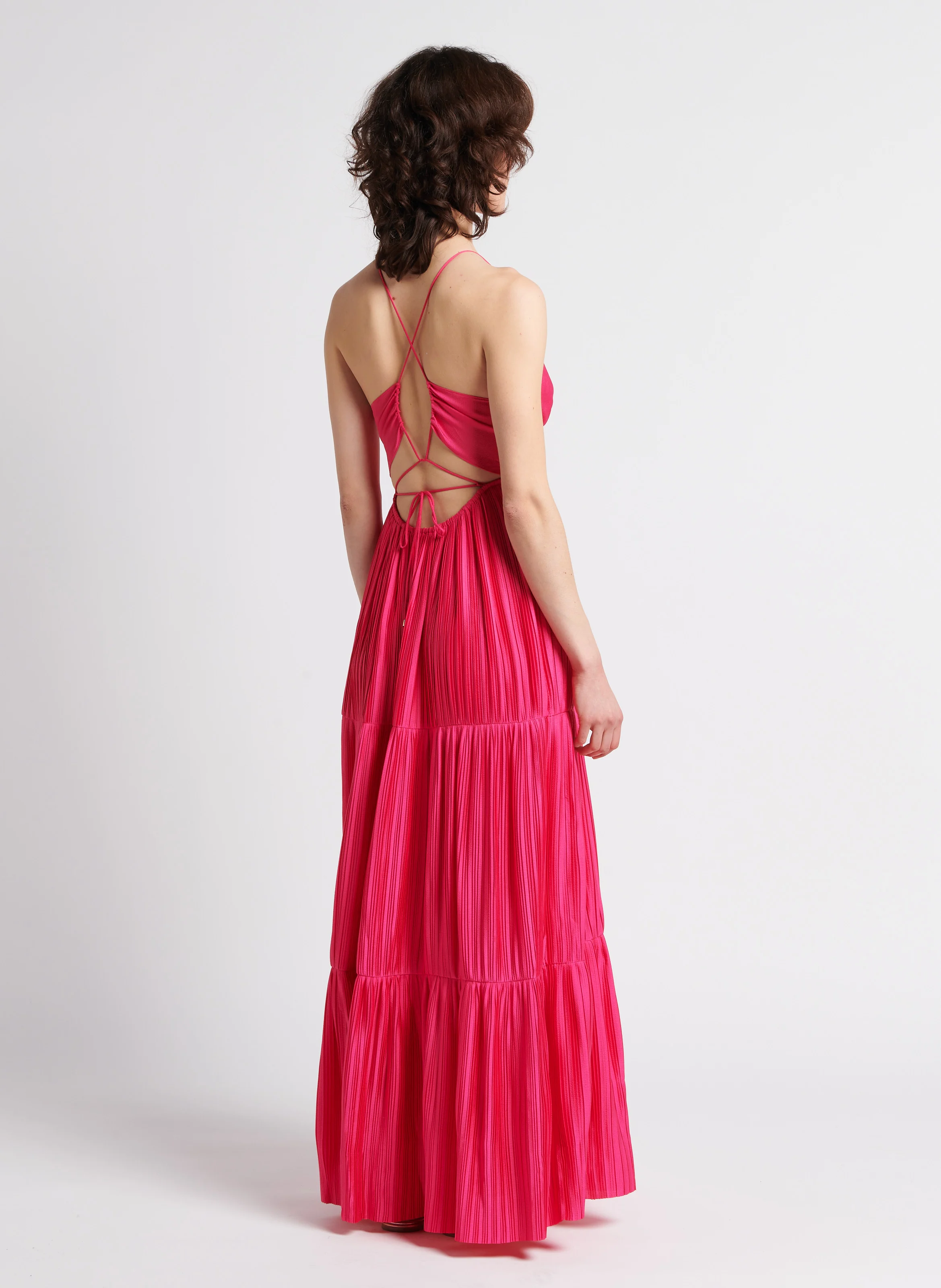 WASTA - Robe longue col V plissée | Rose