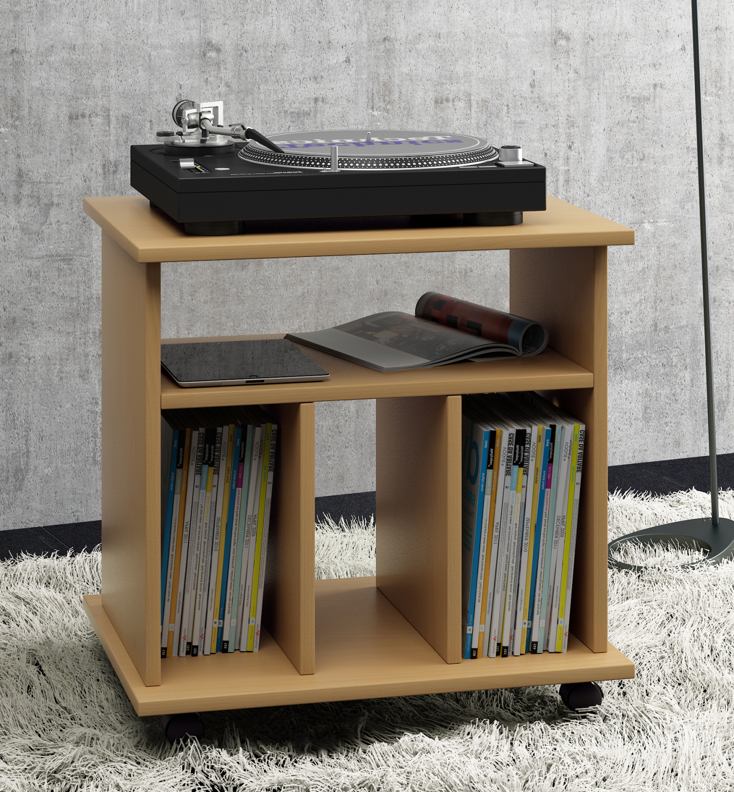 Schallplatten-Regal - Buche - 60 cm breit - auf Rollen