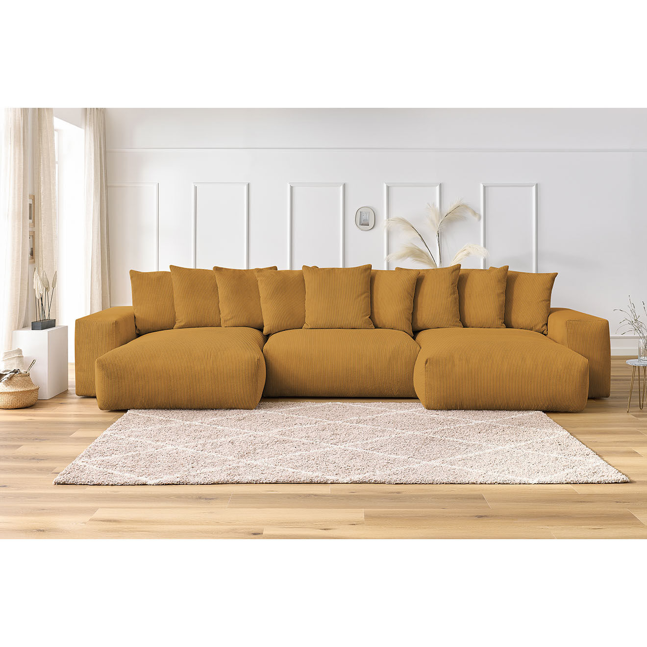 Bobochic Canapé panoramique fixe ultra moelleux voltaire velours côtelé jaune - 420x174x75 cm