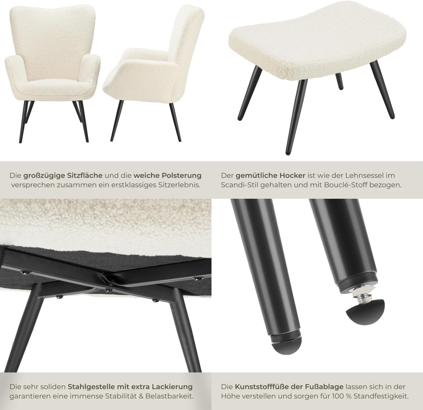 tectake® Skandinavischer Stil Ohrensessel, Sessel Hygge mit Hocker, Breitcordbezug, Sessel Wohnzimmer, Schlafzimmer, Esszimmerstuhl, Statement Loungesessel, belastbar bis 150 kg - Bouclé creme/schwarz