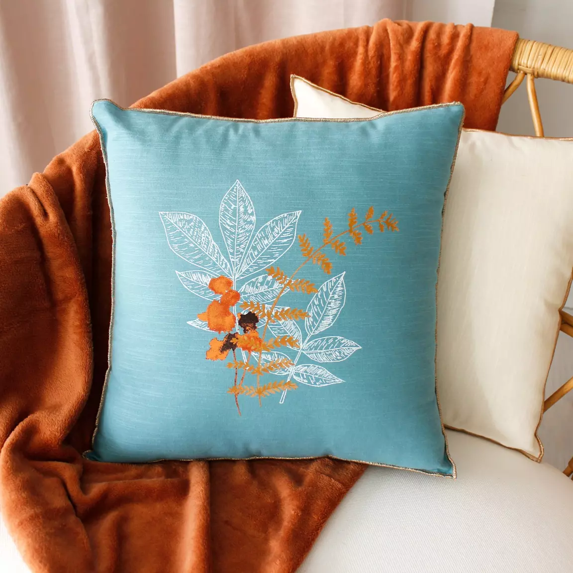 Coussin carré (40 cm) Vegetalis motif Bleu lagon
