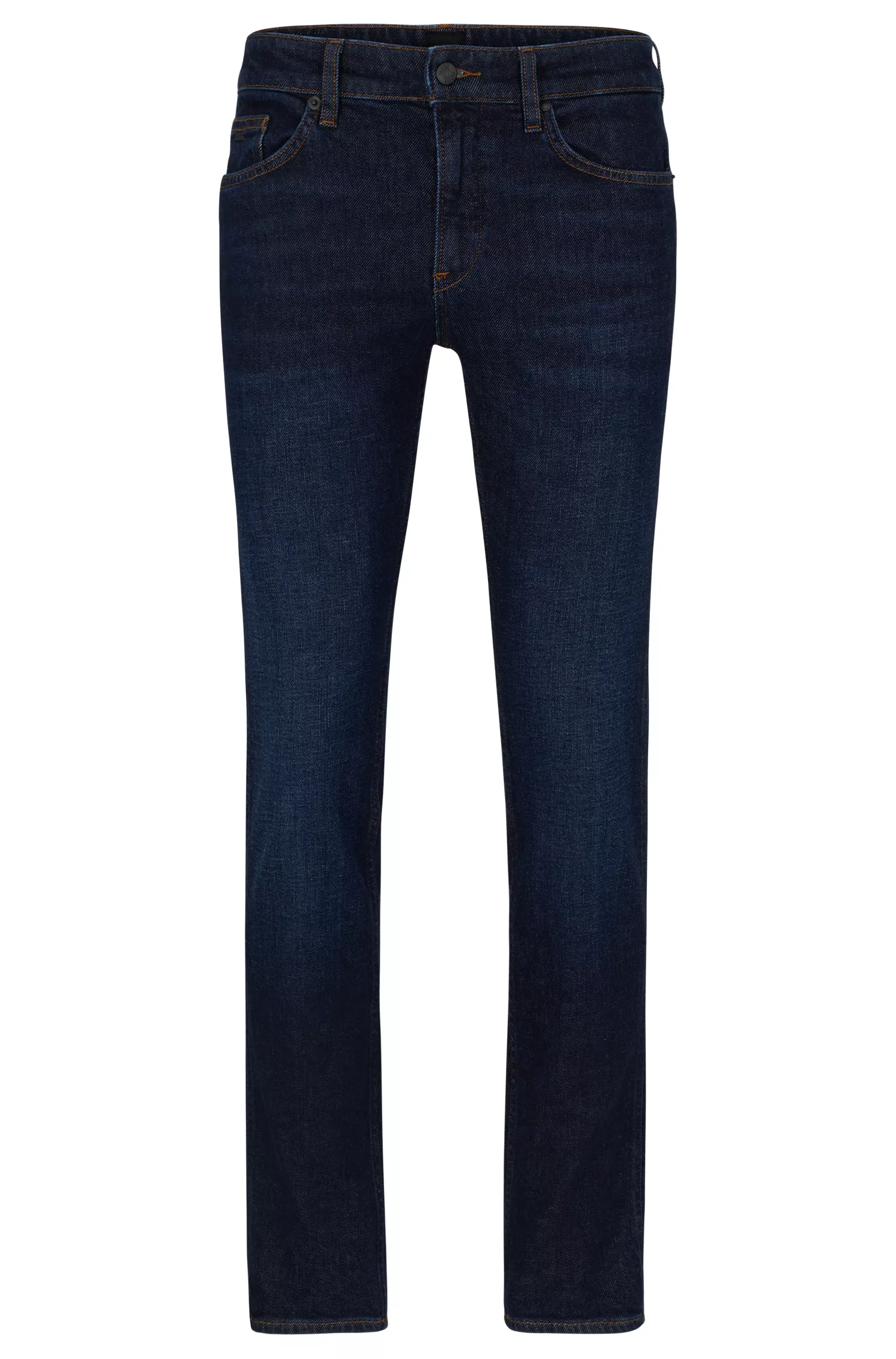 Calça jeans BOSS preta, corte slim, em denim azul-escuro com elasticidade confortável.