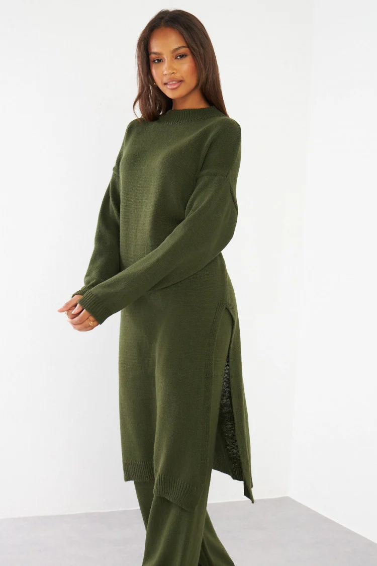 Ensemble 2 pièces pull long + pantalon en laine kaki