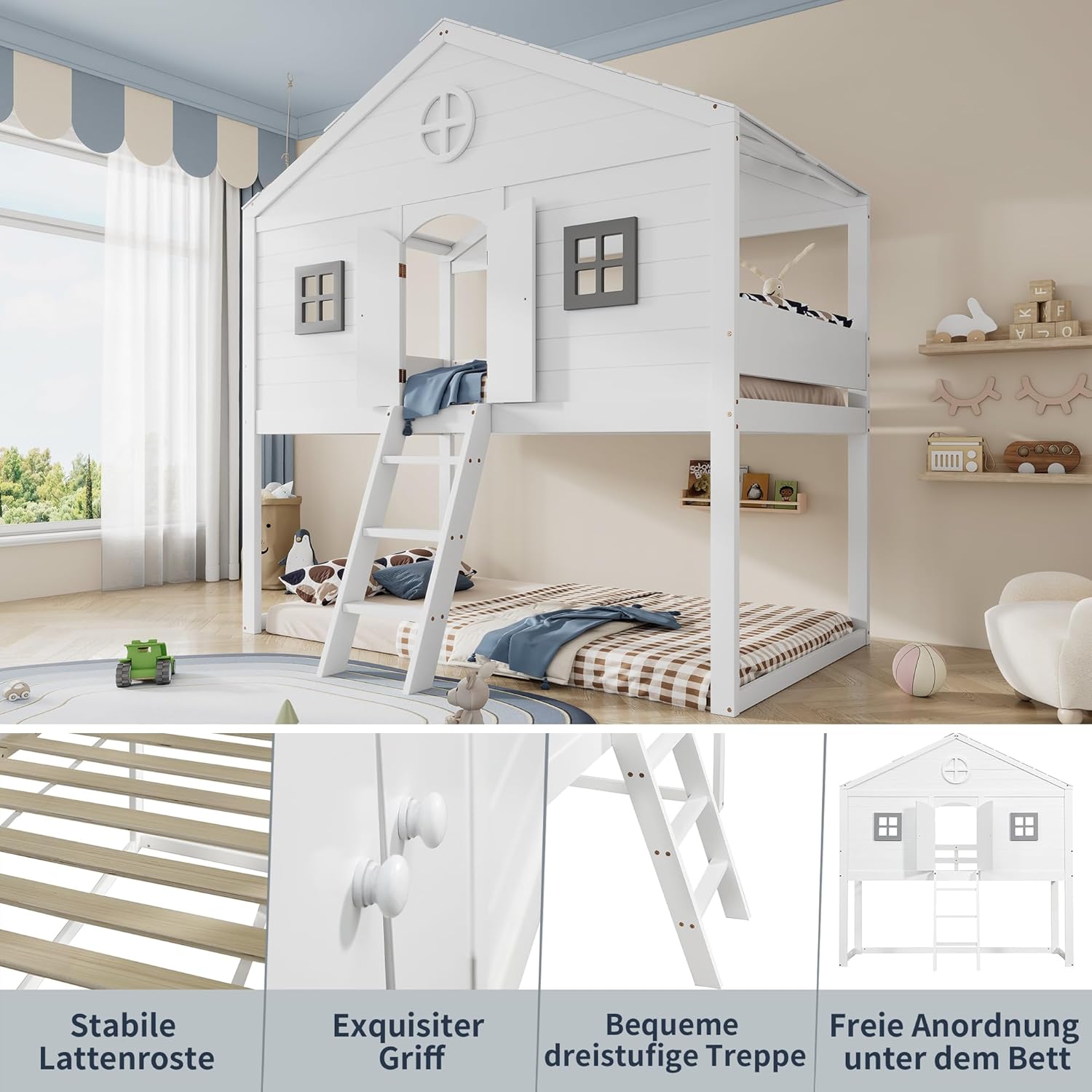 Merax Hochbett 90x200cm, Kinderbett Etagenbett mit Sicherheitsleiter, Rausfallschutz & Lattenrost, Hausbett mit Dach & Fenster, Platzsparendes Stockbett Jugendhochbett, Unterhaltungsbereich, Weiß