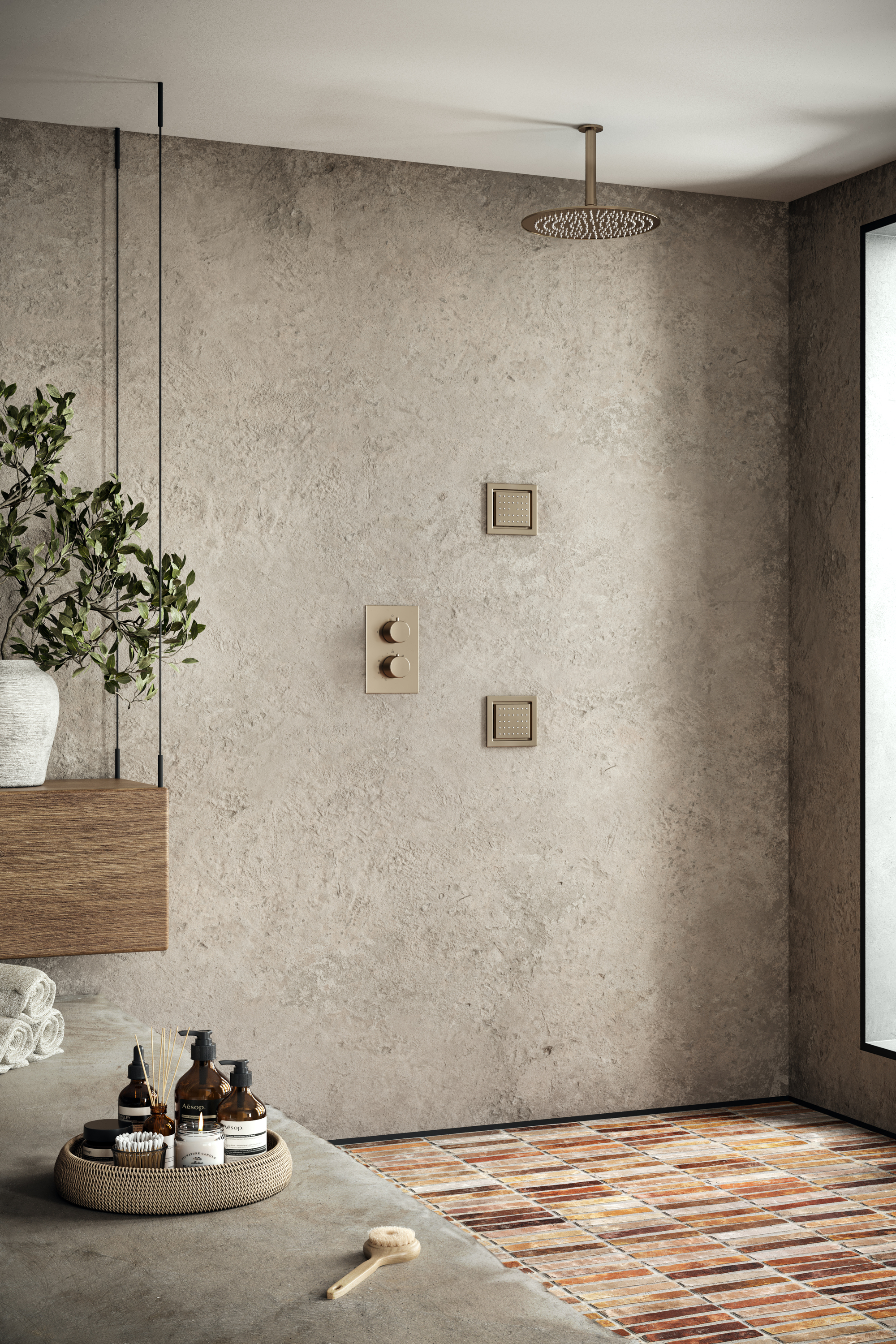 Saniclear Brass Stripes inbouw regendouche 30cm met vierkante massagejets en plafondarm geborsteld messing - mat goud