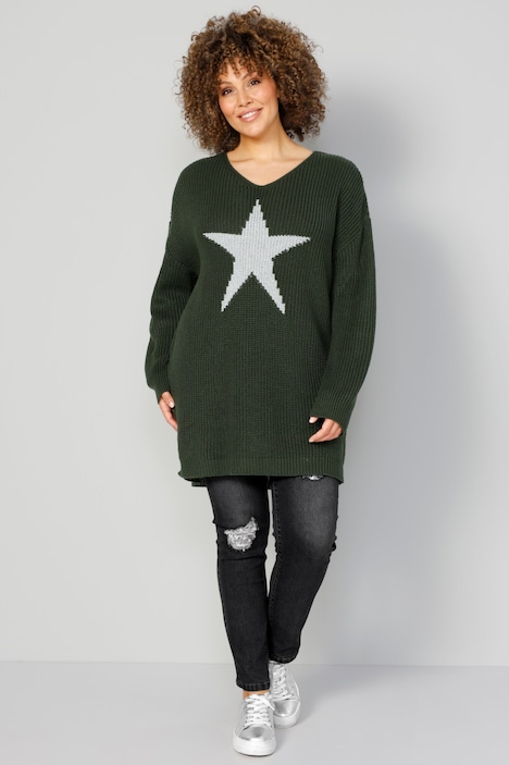 Long-Pullover, großer Stern, V-Ausschnitt, Langarm