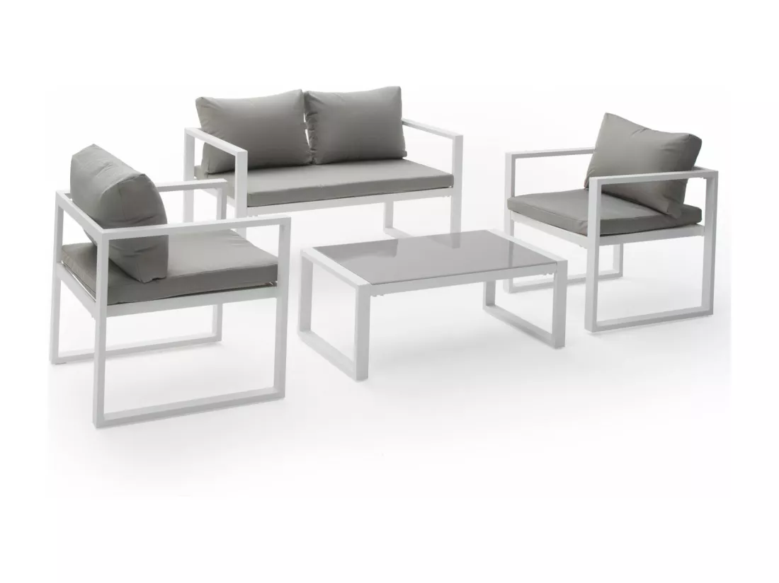 Salon de jardin IBIZA en tissu gris 4 places - aluminium blanc - HAPPY GARDEN