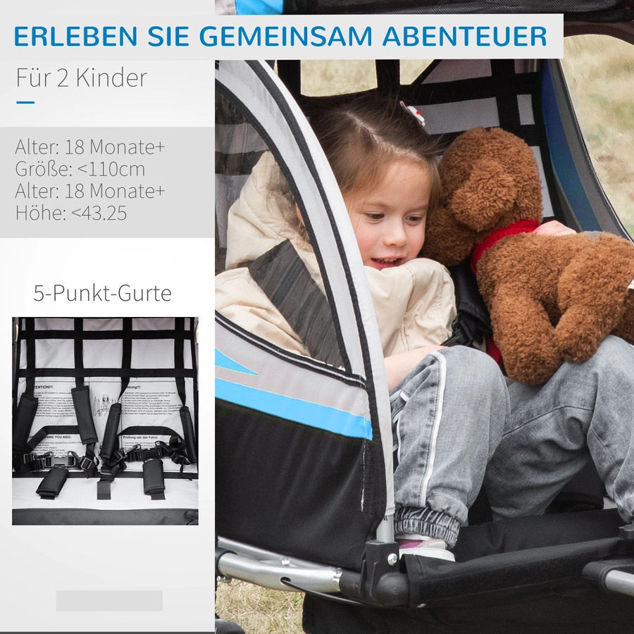 HOMCOM Kinderfahrradanhänger mit Aufbewahrungstasche blau, grau, schwarz, silber