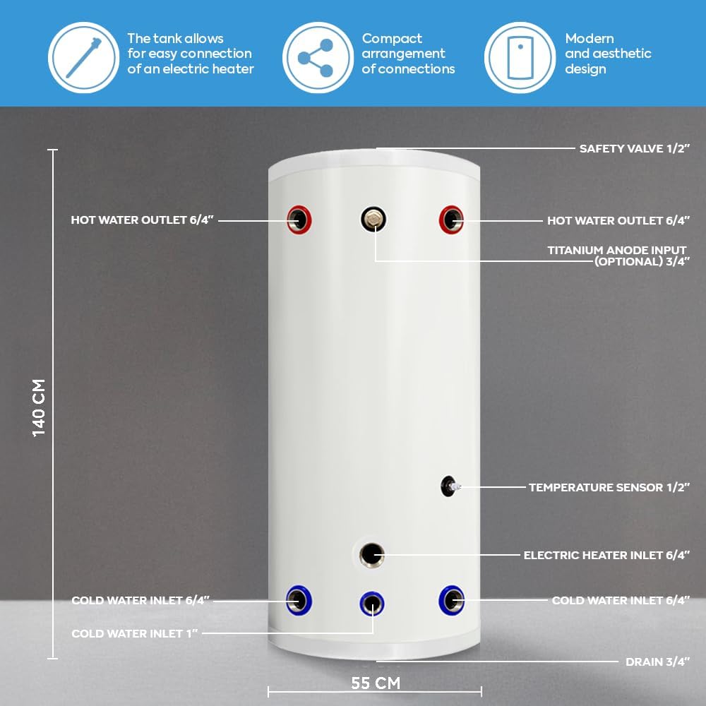 TECHGLOBE - Pufferspeicher aus Edelstahl - 6/4 Zoll Anschlüsse - mit 50 mm Isolierung - Boiler (200 L)