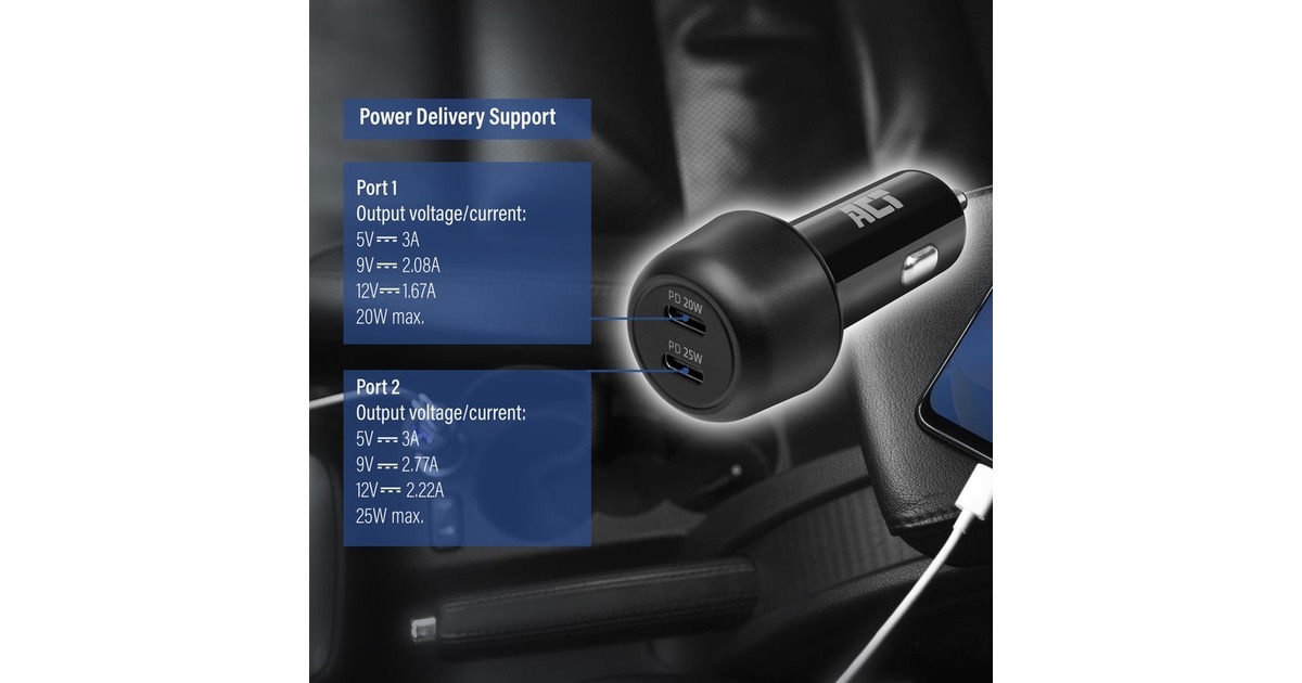 ACT Connectivity2-poorts USB-C Fast Charge Autolader 45W met Power Delivery  (Zwart)
