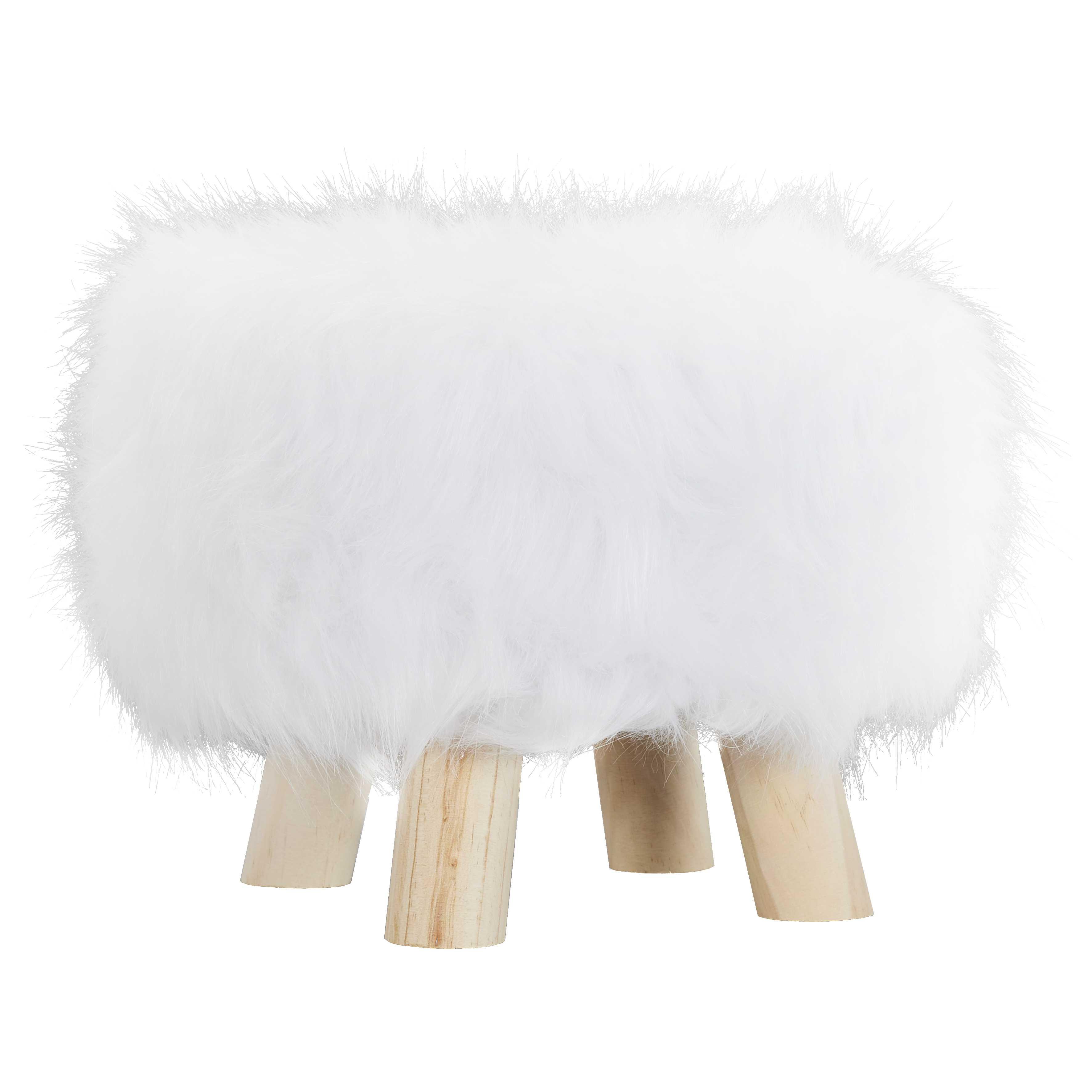 POUF FAUSSE FOURRURE BLANCHE PIEDS 30X24CM