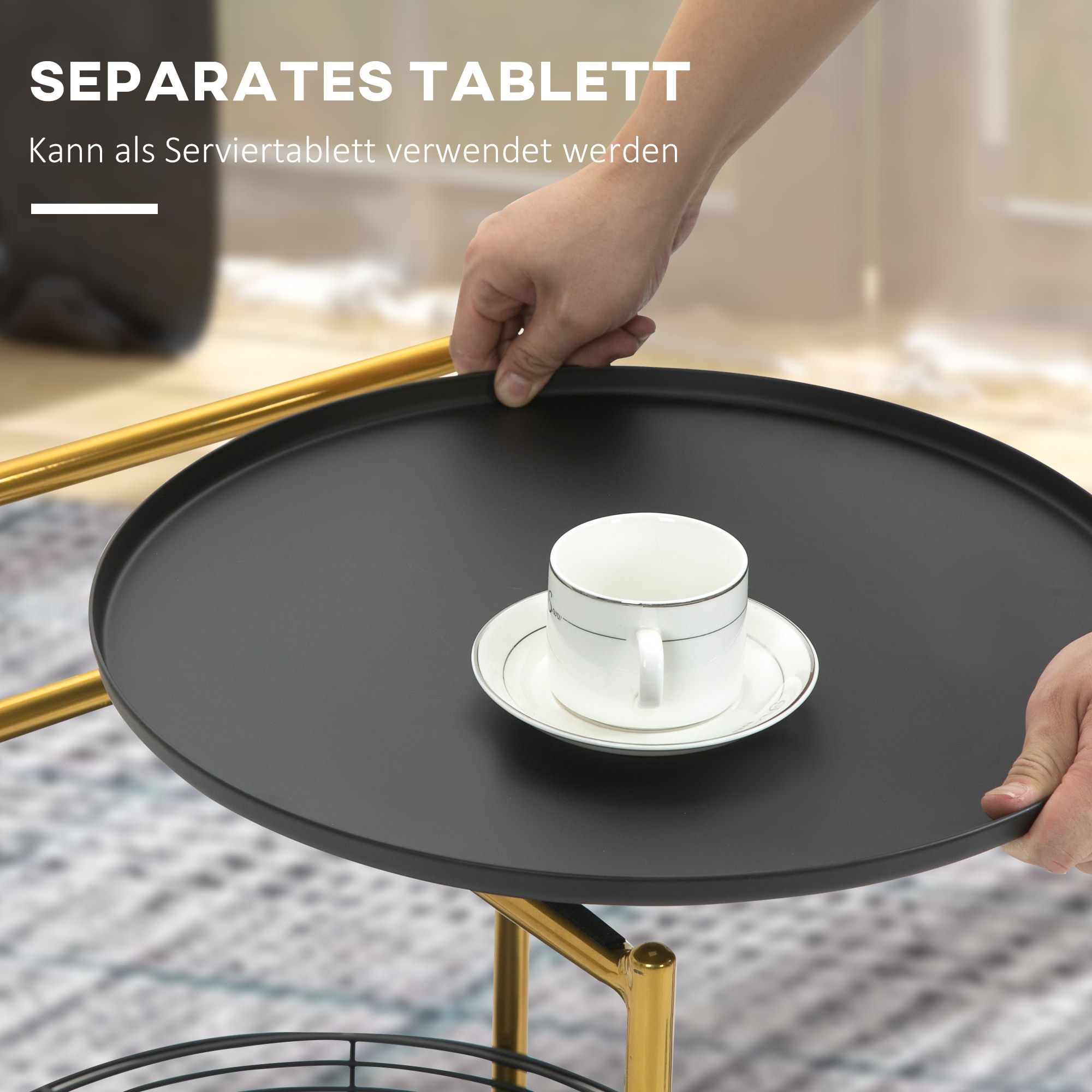 HOMCOM Beistelltisch mit Serviertablett schwarz, gold 43L x 45B x 61,5H cm