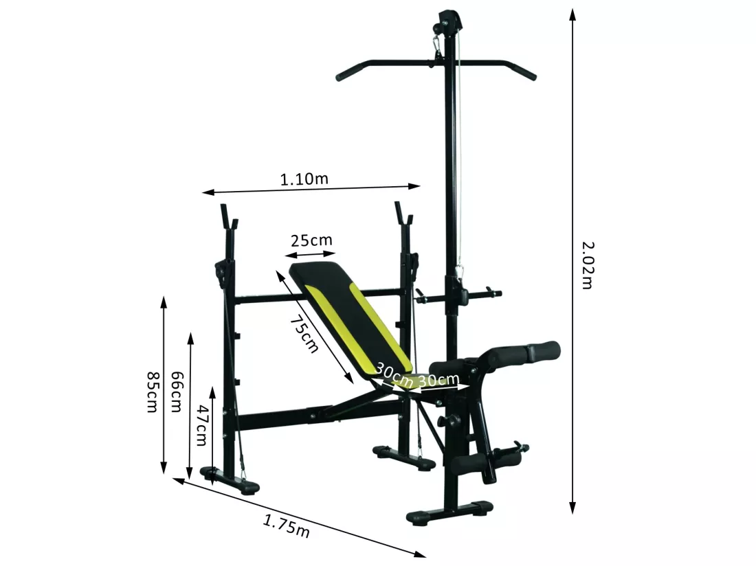 Banc de musculation Fitness entrainement complet dossier réglable cordes traction curler supports barre et haltères noir et jaune